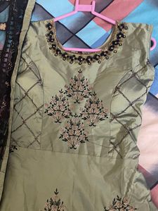 Pista And Navy Full Work Gown With Heavy Duppatta