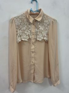 Sheer Lace Detail Button-Up Blouse