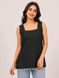 Black Sleeveless Kurta with Tassel Hem