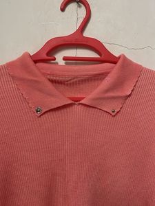Ribbed Collared Long Sleeve Top