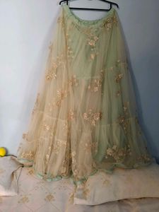 Embroidered Yellow Blouse &amp; Mint Lehenga Set