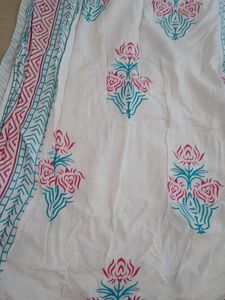 White Kurta Set with Pink &amp; Blue Prints