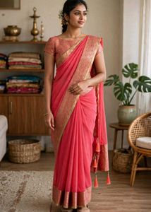 Elegant Red Pink Saree with Golden Border