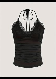 Black Lace Halter Neck Ruched Top