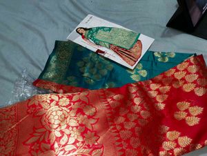 New Elegant Red and Teal Silk Saree