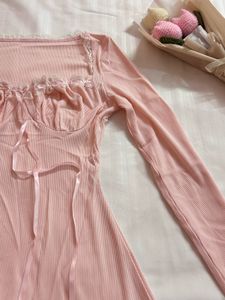 Pink Ribbed Lace Detail Mini Dress 🎀