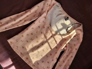 H&amp;M Picot Trimmed Ribbed Top Peach/S