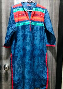 Blue kurta with vibrant colour yoke pattern