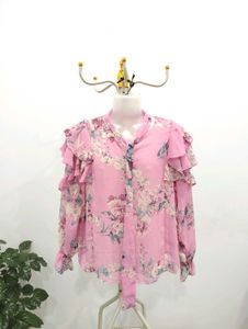 Chic Pink Floral Ruffle Blouse