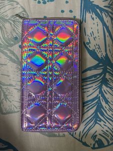 Holographic Quilted Zip Around Wallet