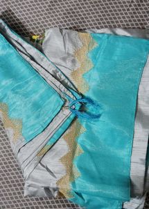 Embroidered Grey &amp; Teal Saree