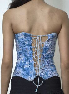 Blue Floral Print Strapless corset Top