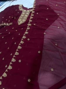 Elegant Maroon Embroidered Kurta sharara Set