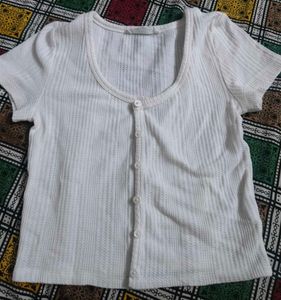 White Ribbed Button-Up Cropped Top