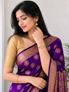 Purple Silk Saree with golden watch
