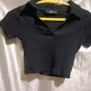 Black Ribbed Polo Neck Crop Top