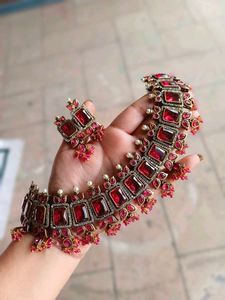 Brass AD work Red Stone Necklace Set
