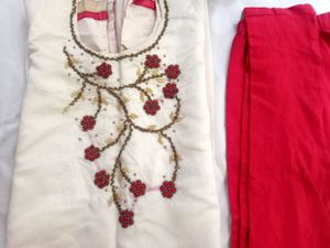 Very V,Beautiful Cream Kurta And Red Legging