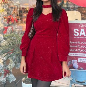 Sparkly Red A-Line Dress with Choker Neck