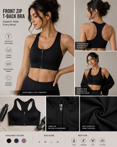 Black Front Zip Sports Bra
