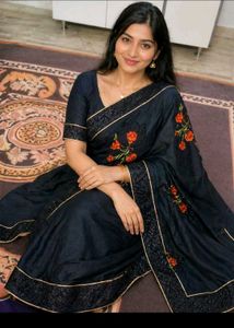 Elegant Black Saree with Floral Embroidery