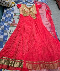 Beautiful Pink &amp; Gold Embroidered Anarkali Gown wi