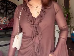Sheer Brown V neck Ruffle Tie-Front Top