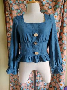 Blue Square Neck Ruffle Peplum Top