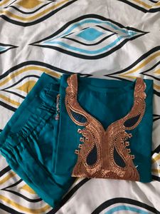Kashmiri Teal Embroidered summer Kurta Set