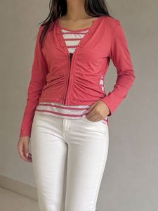 Cute Ruched Zip-Up Cardigan with Stripes