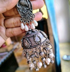 Elegant Oxidized Jumbo Size Pearl Jhumkas