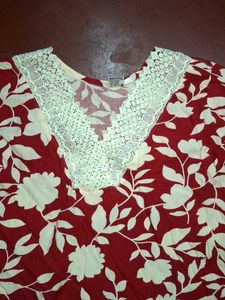 Red Floral short Kurta with Lace Neckline
