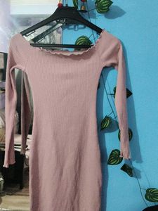 Ribbed Off-Shoulder Pink Dress