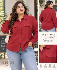 Chic Red Button-Up Shirt with Pockets