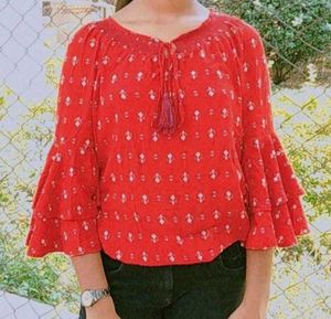 Red Floral Print Bell Sleeve Top