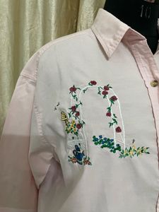 Oversized Pink Embroidered Button-Down Shirt