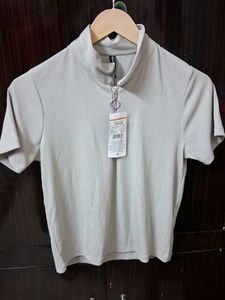 Stylish Beige Top with Zipper Detail
