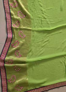 Stunning Double Shaded Green Saree with Mirror Wor
