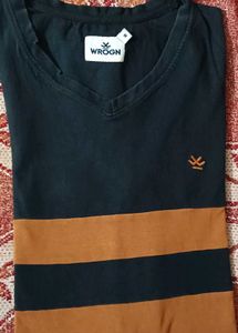 WROGN Navy & Brown Striped V-Neck T-Shirt