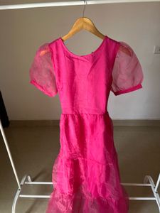 Fuchsia Pink Tiered Puff Sleeves Midi Dress