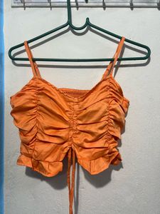 Orange Ruched Tie-Up Crop Top