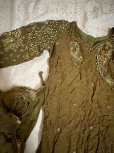 Embellished Olive Kurta Set with Dupatta