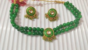 💞Emerald Green Beaded Necklace & Earrings Set