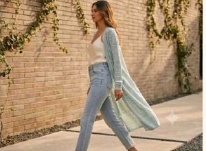 Long Mint Green Crochet Cardigan