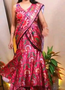 Vibrant Gujarati print double layer saree