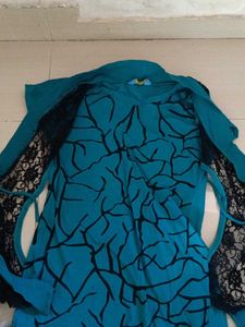 Teal &amp; Black Lace Trim Kurta