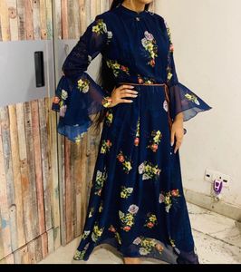 Elegant Navy Blue Floral Maxi Dress with Bell Slee