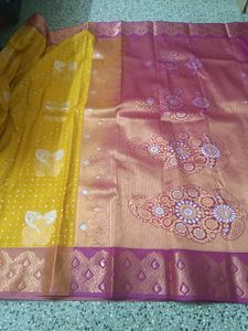 beautiful yellow and pink semi silk saree