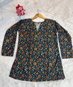 Blue Floral Print Kurta Tunic Top