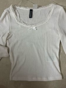 White Ribbed H&amp;M Lace Trim Top